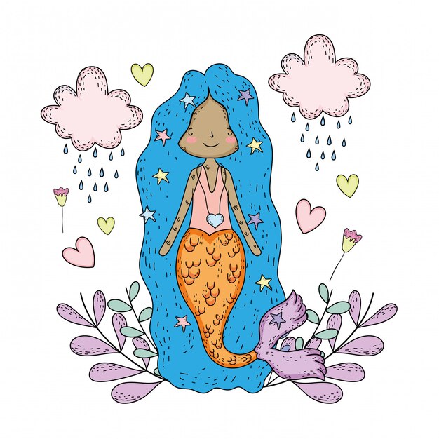 Cute mermaid under sea with seaweed