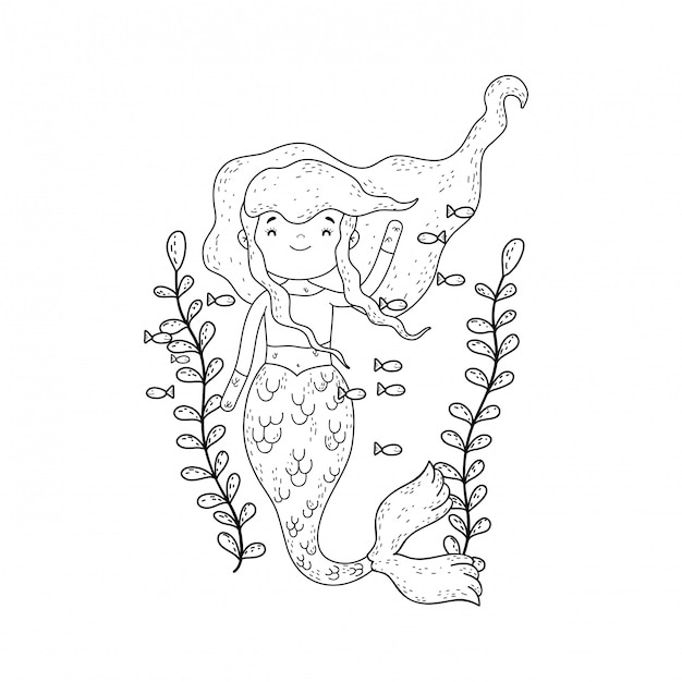 Cute mermaid under sea with seaweed