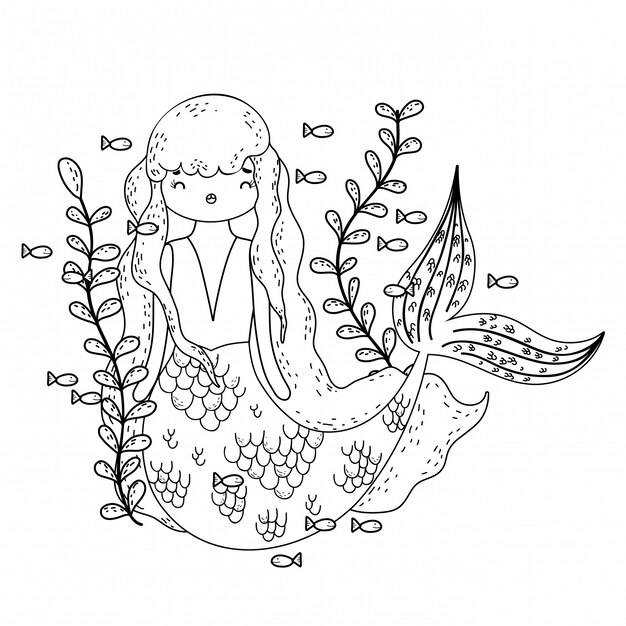 Cute mermaid under sea with seaweed