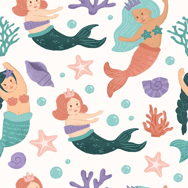 Cute mermaid seamless pattern illustration pastel hand-drawn for fabric, linen, textiles, and wallpa