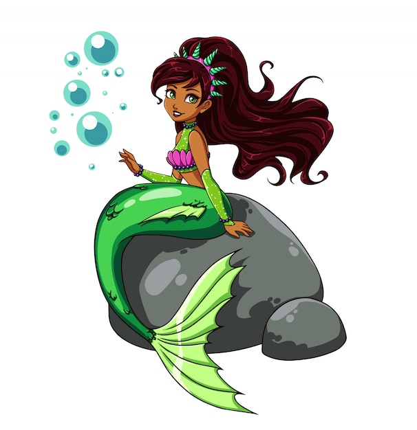 Cute mermaid sitting on rock. Crown with shells, wavy blac hair, shiny shirt, green tail. Hand drawn doodle. Can be used for children mobile games, books, stickers, cards, t-shirt design.