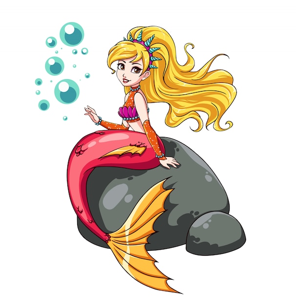 Cute mermaid sitting on rock. crown with shells, wavy blonde hair, shiny shirt, pink tail. hand drawn  art. can be used for children mobile games, books, stickers, cards, t-shirt design.