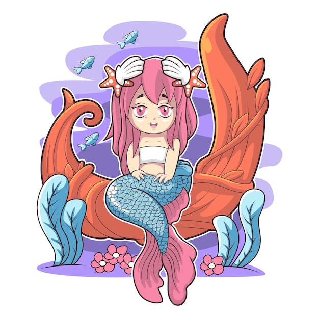 cute mermaid sitting at the sea weed vector illustration design