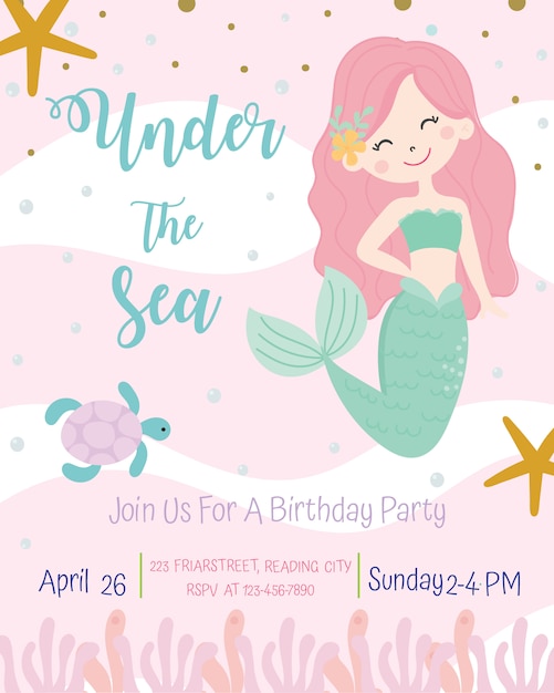 Vector cute mermaid theme birthday party invitation card vector illustration.