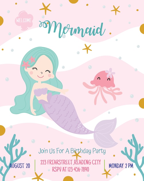 Vector cute mermaid theme birthday party invitation card vector illustration.