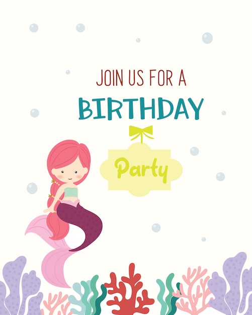 Vector cute mermaid theme birthday party invitation card.