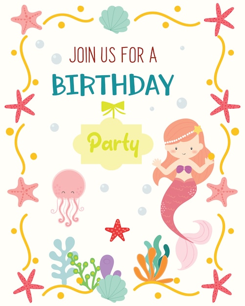 Vector cute mermaid theme birthday party invitation card.