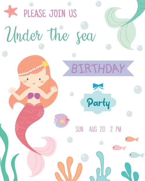 Vector cute mermaid theme birthday party invitation card.