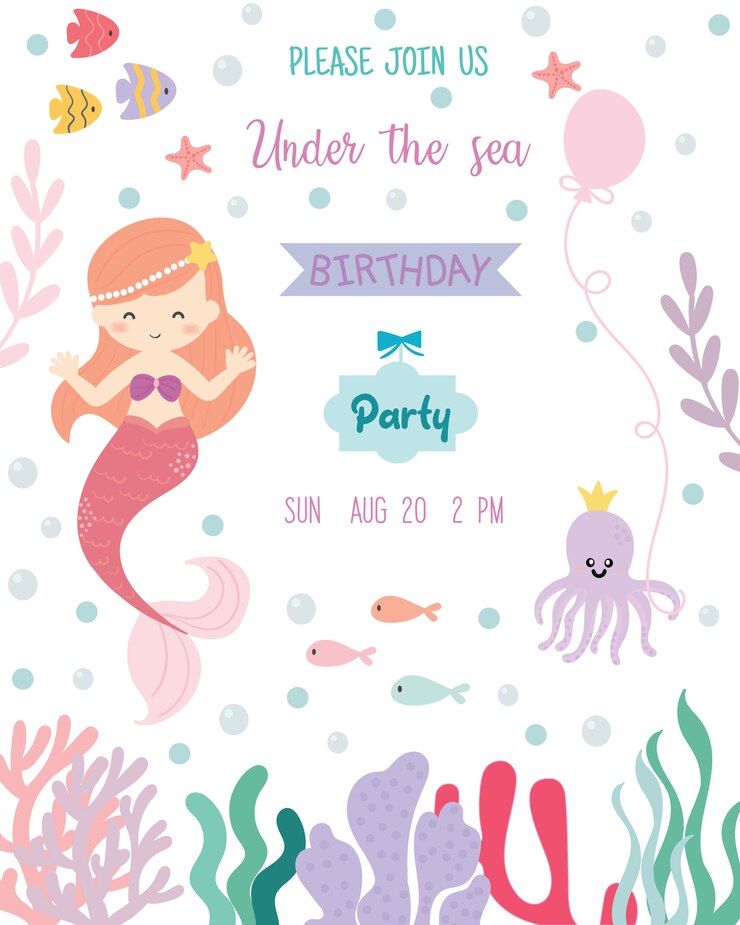 かわいい人魚のテーマの誕生日パーティーの招待状。