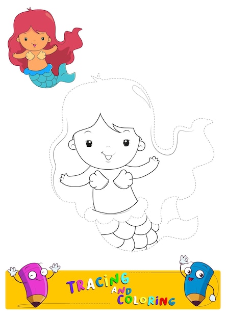 Cute mermaid trace lines drawing and coloring practice worksheet for kids