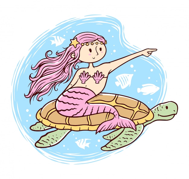 Cute mermaid and turtle illustration