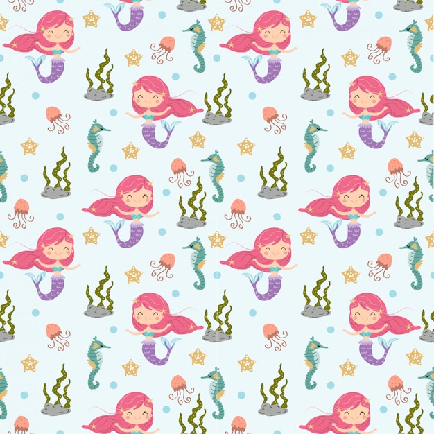 Cute mermaid and underwater friend seamless pattern