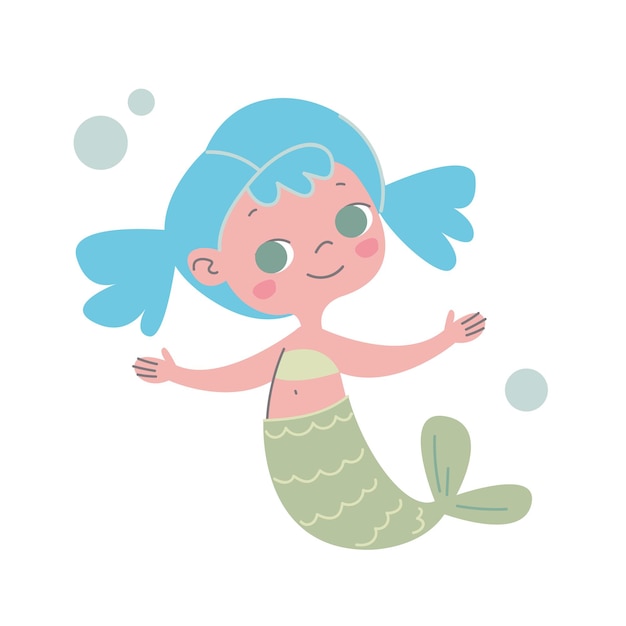 Cute mermaid with blue hair and a fish tail in a yellow top Vector illustration in cartoon style