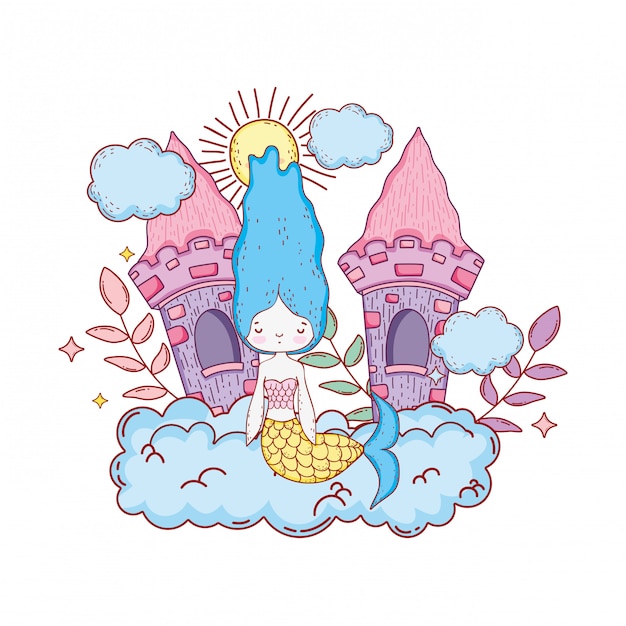 Cute mermaid with castle in cloud