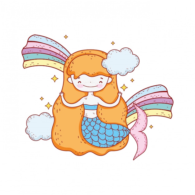 cute mermaid with clouds and rainbow