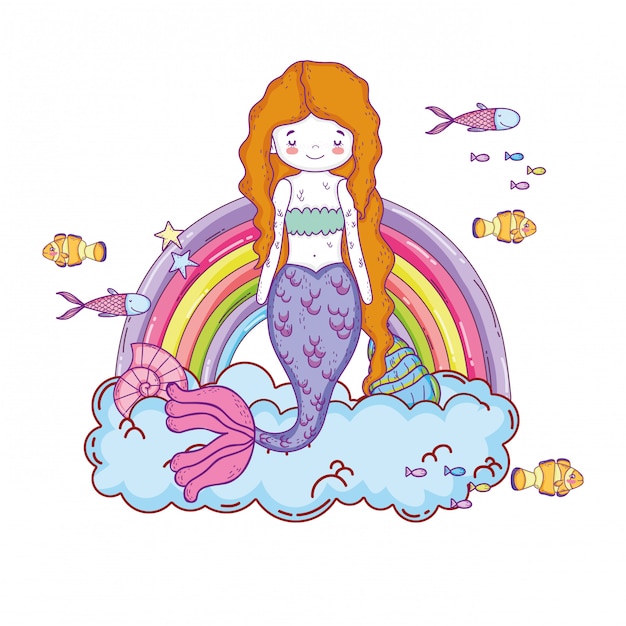 Cute mermaid with clouds and rainbow