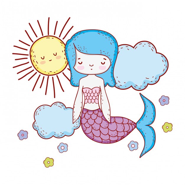 cute mermaid with clouds and sun