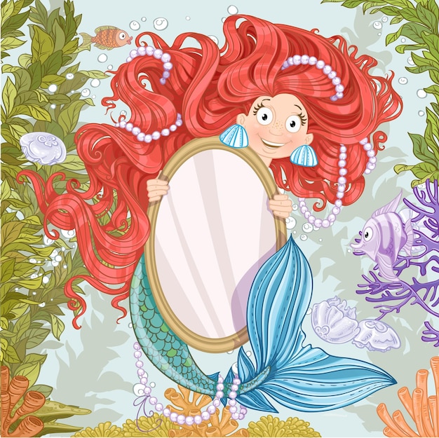 Vector cute mermaid with flowing long hair holding a big vertical mirro