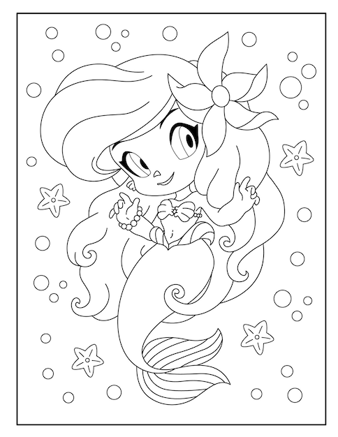 Cute mermaid with ocean background coloring page