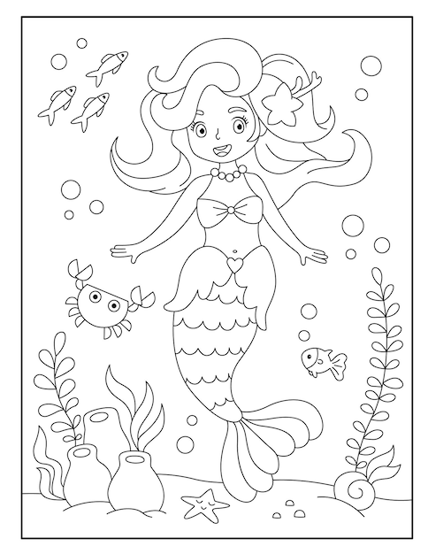 Cute mermaid with ocean background coloring page