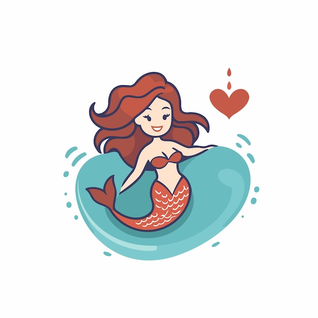 Cute mermaid with red hair Vector illustration in cartoon style