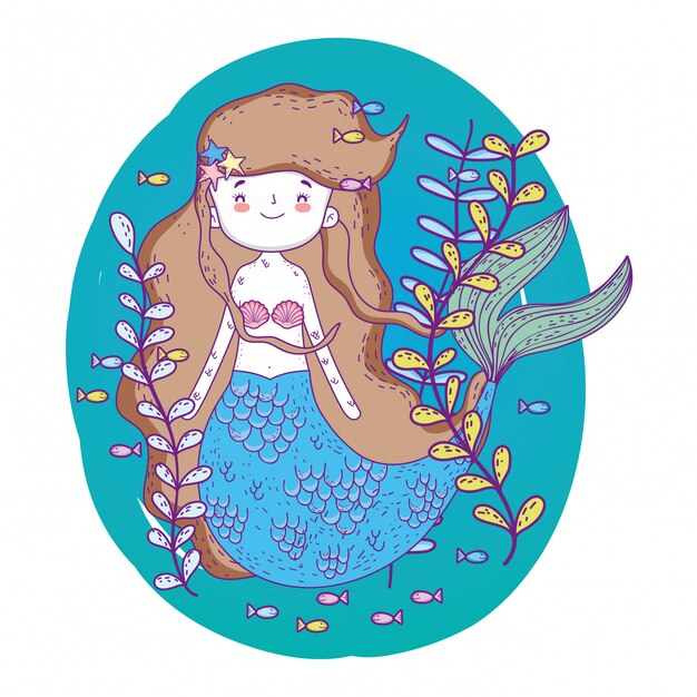 Cute mermaid woman underwater with plants