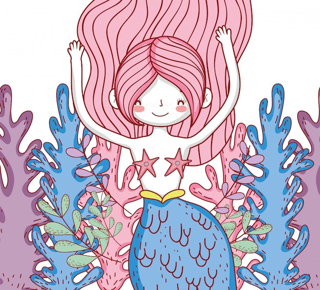 Cute mermaid woman with seaweed plants