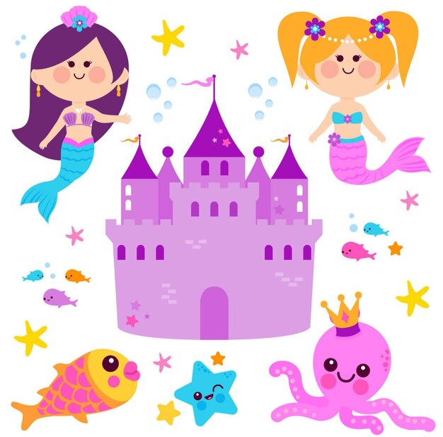 Cute mermaids and beautiful underwater castle