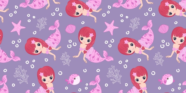 Cute Mermaids And Sea Life Seamless Pattern