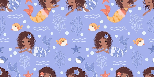 Cute mermaids and sea life seamless pattern