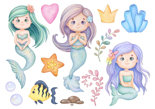 Vector cute mermaids watercolor clipart