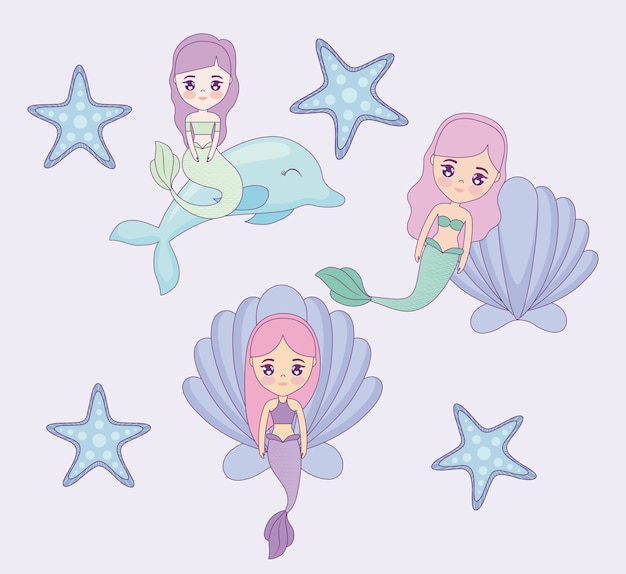 Cute mermaids with seashells and dolphin