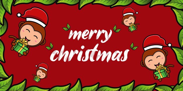 Cute merry christmas background with monkey cartoon