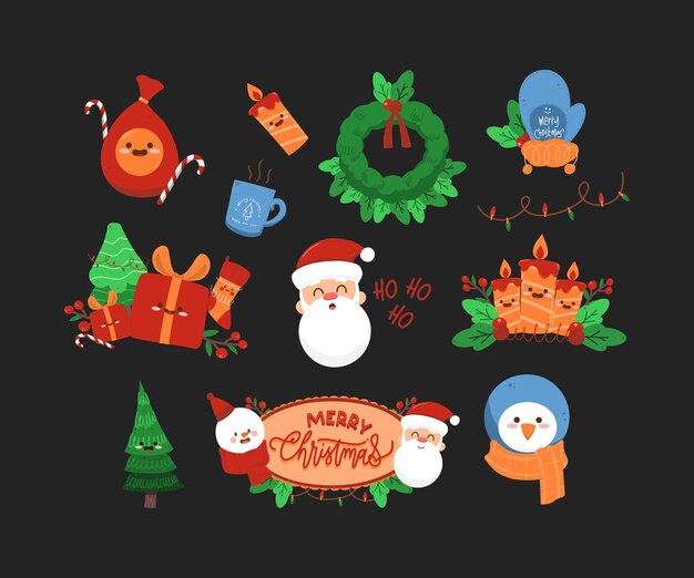 Cute merry christmas celebration flat doodle illustration set