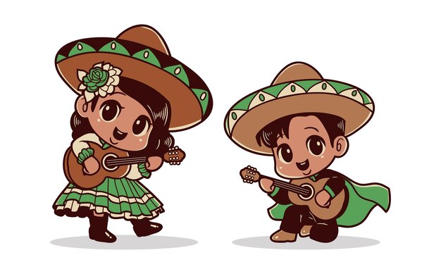 Vector cute mexican boy and girl playing guitar vector illustration