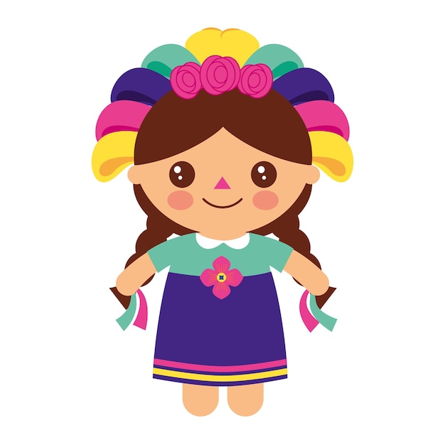 Vector cute mexican doll with braids isolated vector illustration