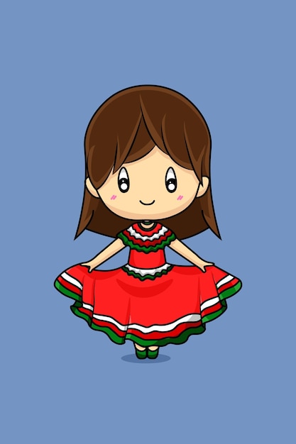 Premium Vector | Cute mexican girl with red dress cartoon illustration