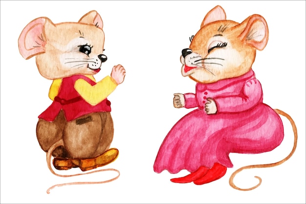 Cute mice in clothes.Watercolor illustration.Gute little mice in knitted clothes. animal character.