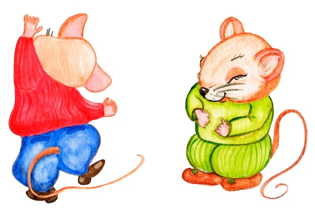 Cute mice in clothes.Watercolor illustration.Gute little mice in knitted clothes. animal character.