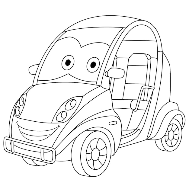 かわいいマイクロカー。面白い顔をした漫画のおもちゃの車。子供向けの塗り絵ページです。