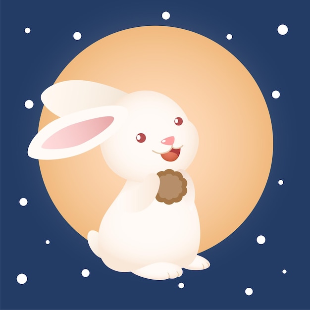 Simpatico coniglietto del festival di metà autunno che tiene la torta della luna con lo sfondo della luna