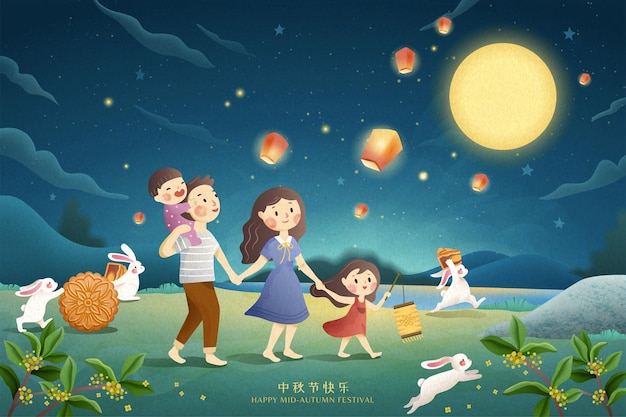 Cute mid autumn festival poster with family admiring the full moon and sky lanterns together, happy holiday written in chinese words