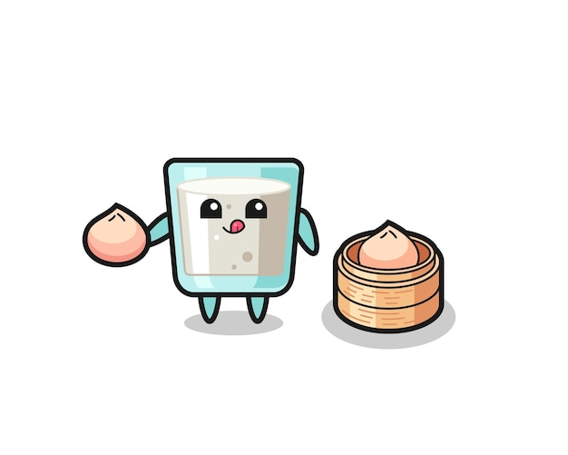 Vector cute milk character eating steamed buns