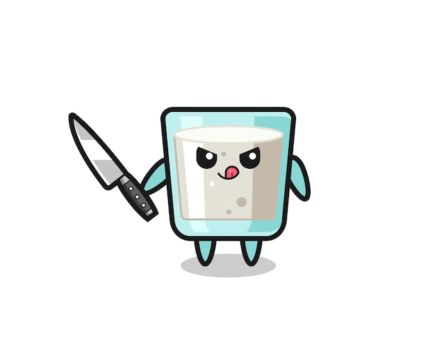 Cute milk mascot as a psychopath holding a knife