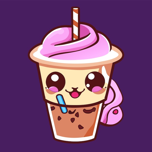 Vector cute milkshake with straw cartoon vector icon illustration drink object icon concept isolated flat