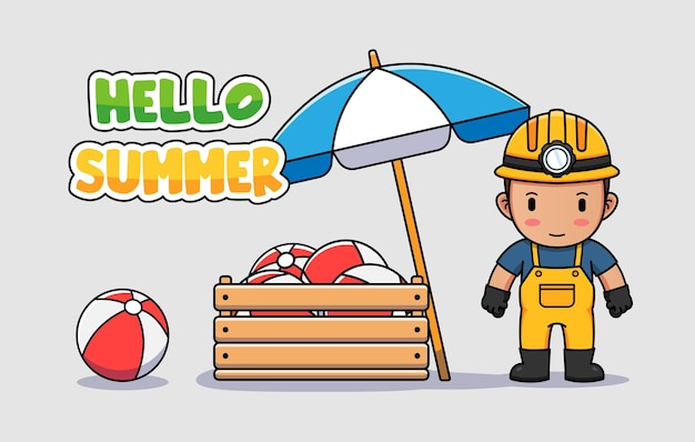 Cute miner with hello summer greeting banner