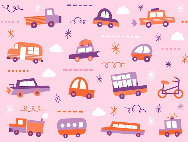 교통 어린이 원활한 패턴 분홍색 배경에 귀여운 미니 자동차