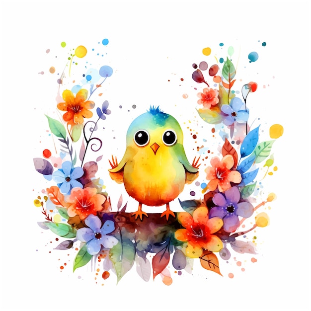 Cute minimal bird in flower branch watercolor paint