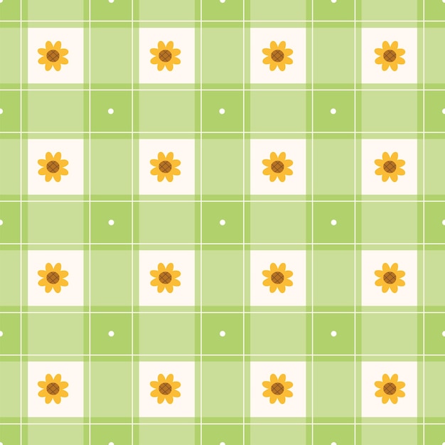 Cute minimal sunflower green checkered gingham pattern editable stroke cartoon illustration mat