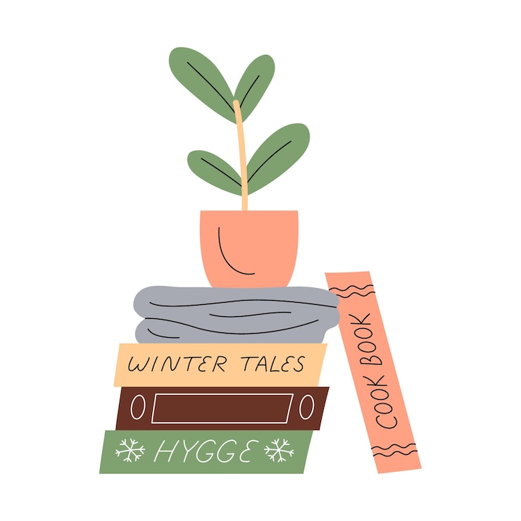 Vector cute minimalistic composition with a houseplant books and knitted wool blanket